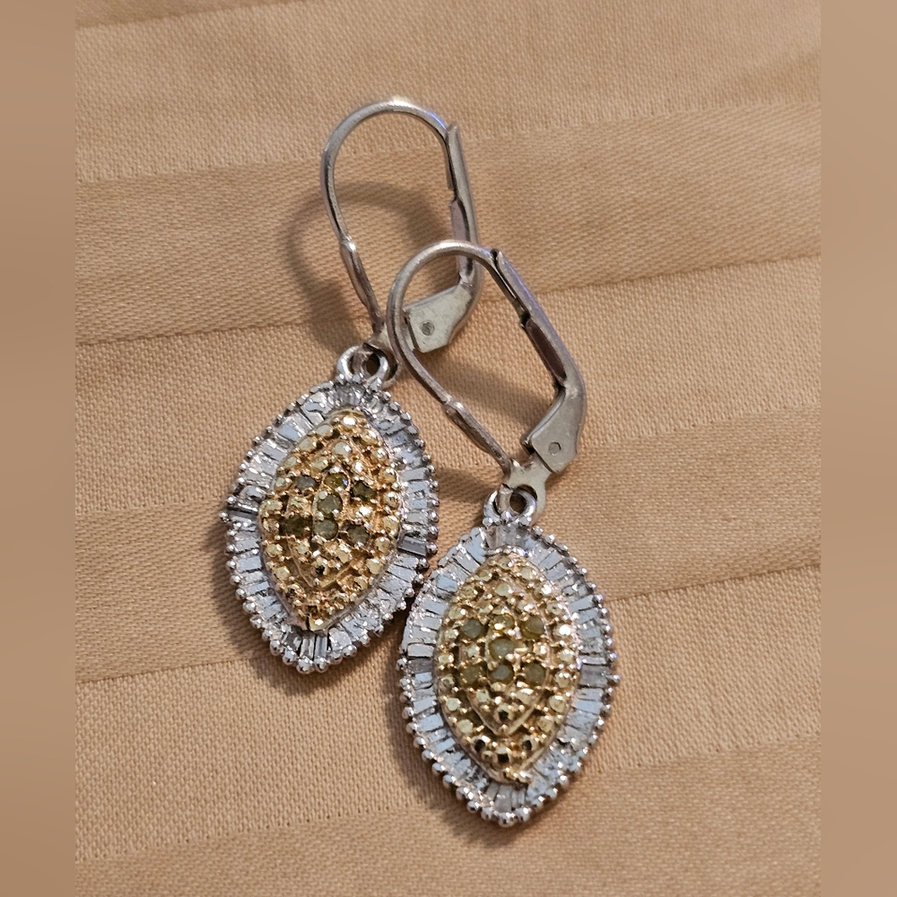 Yellow & White Diamond Leverback Earrings, 925 Silver, 14K YG/Platinum, 0.24 cts